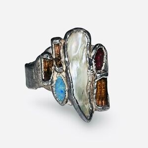 Vintage C + R 99% Pure Silver Garnet Pearl Opal Pink Tourmaline Ring Size 10